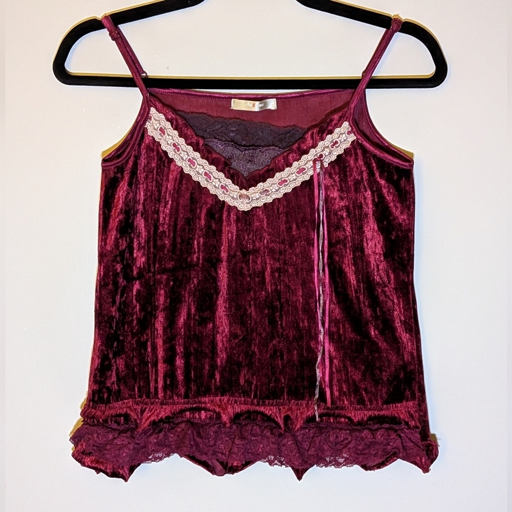 Crushed Velvet Camisole Burgundy Lace Top Medium Fairy Whimsical Cottagecore Y2K - Picture 4 of 13